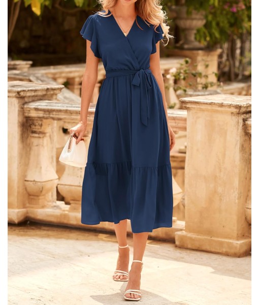 BTFBM Women Summer Bohemian Floral Casual Wrap V Neck Ruffle Cap Sleeveless Belt A-Line Pleated Hem Midi Sun Dress White