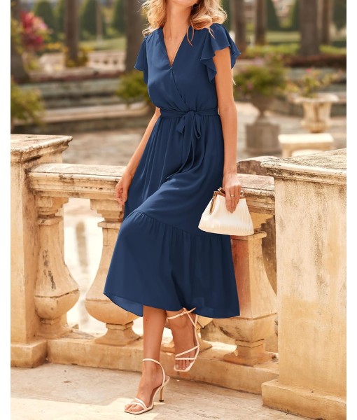 BTFBM Women Summer Bohemian Floral Casual Wrap V Neck Ruffle Cap Sleeveless Belt A-Line Pleated Hem Midi Sun Dress White