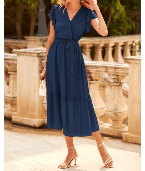 BTFBM Women Summer Bohemian Floral Casual Wrap V Neck Ruffle Cap Sleeveless Belt A-Line Pleated Hem Midi Sun Dress White