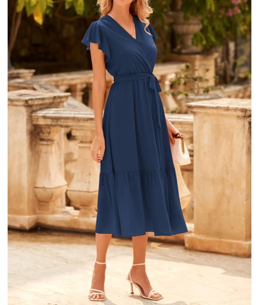 BTFBM Women Summer Bohemian Floral Casual Wrap V Neck Ruffle Cap Sleeveless Belt A-Line Pleated Hem Midi Sun Dress White
