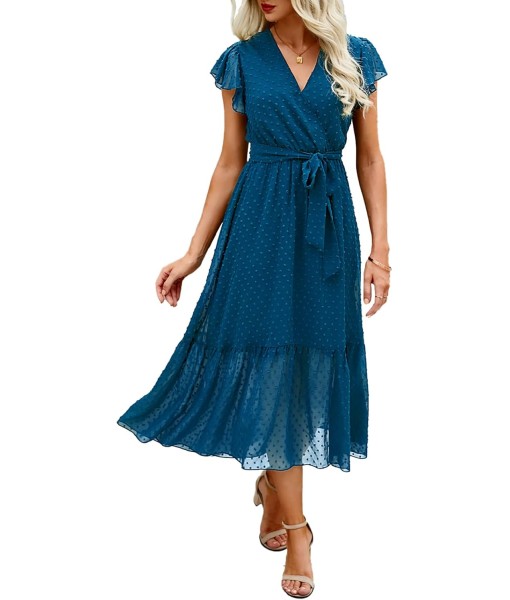 BTFBM Women Summer Bohemian Floral Casual Wrap V Neck Ruffle Cap Sleeveless Belt A-Line Pleated Hem Midi Sun Dress White