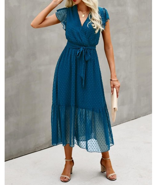 BTFBM Women Summer Bohemian Floral Casual Wrap V Neck Ruffle Cap Sleeveless Belt A-Line Pleated Hem Midi Sun Dress White