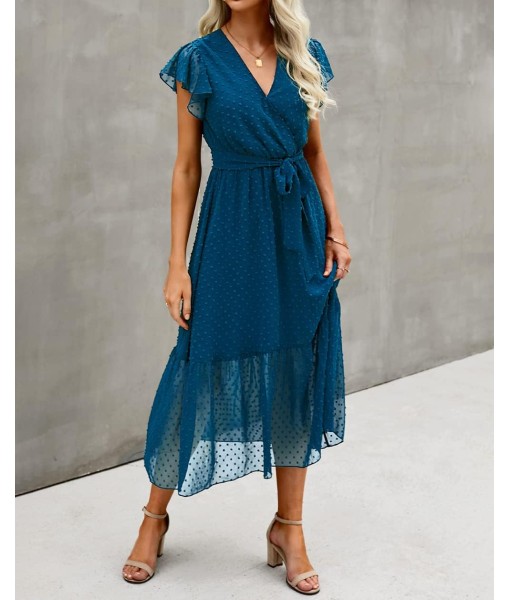 BTFBM Women Summer Bohemian Floral Casual Wrap V Neck Ruffle Cap Sleeveless Belt A-Line Pleated Hem Midi Sun Dress White