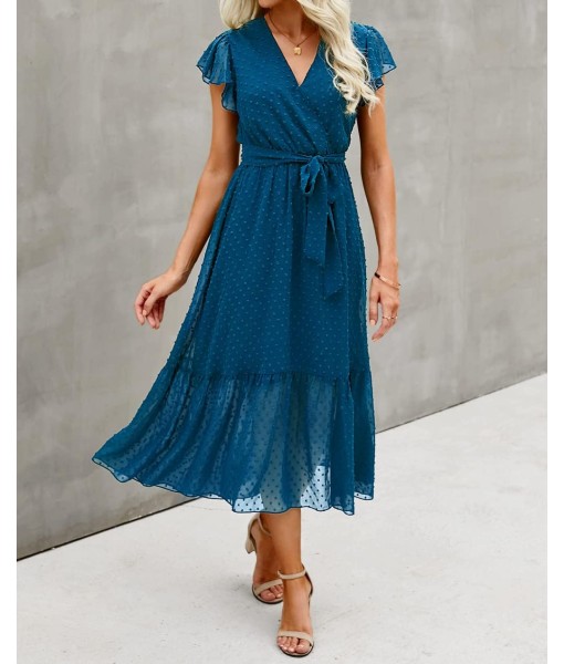 BTFBM Women Summer Bohemian Floral Casual Wrap V Neck Ruffle Cap Sleeveless Belt A-Line Pleated Hem Midi Sun Dress White