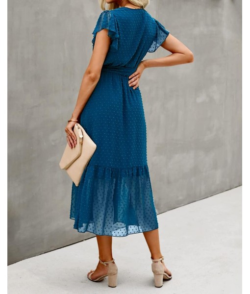 BTFBM Women Summer Bohemian Floral Casual Wrap V Neck Ruffle Cap Sleeveless Belt A-Line Pleated Hem Midi Sun Dress White