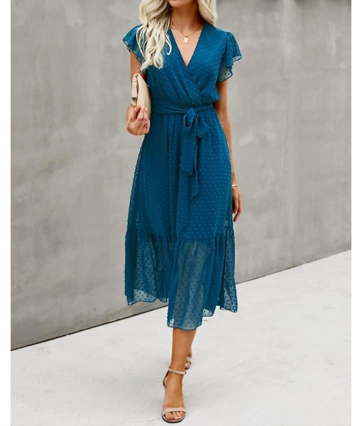 BTFBM Women Summer Bohemian Floral Casual Wrap V Neck Ruffle Cap Sleeveless Belt A-Line Pleated Hem Midi Sun Dress White