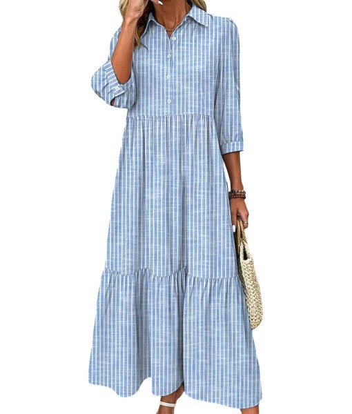 XNC Women's Blue and White Striped Shirt Maxi Dress 2025 Summer Fashion Collared Breezy Print 3/4 Sleeve Long Dresses