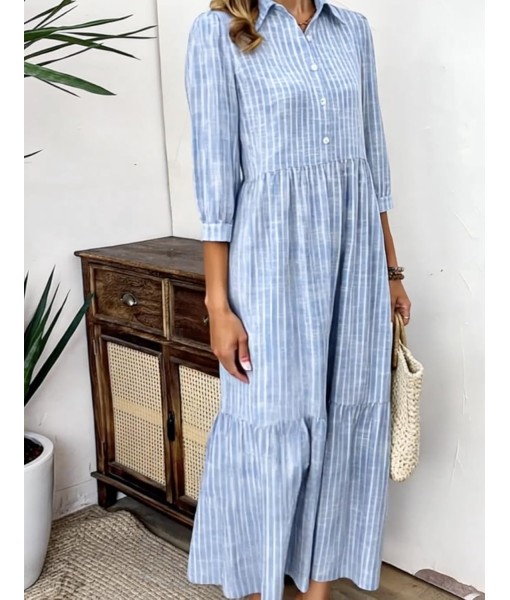 XNC Women's Blue and White Striped Shirt Maxi Dress 2025 Summer Fashion Collared Breezy Print 3/4 Sleeve Long Dresses
