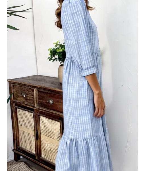 XNC Women's Blue and White Striped Shirt Maxi Dress 2025 Summer Fashion Collared Breezy Print 3/4 Sleeve Long Dresses