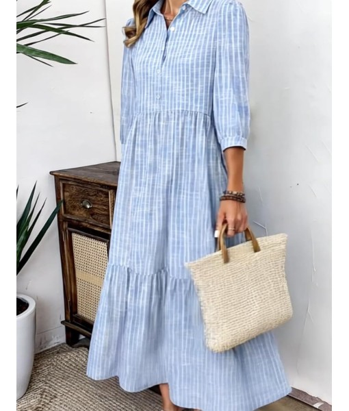 XNC Women's Blue and White Striped Shirt Maxi Dress 2025 Summer Fashion Collared Breezy Print 3/4 Sleeve Long Dresses