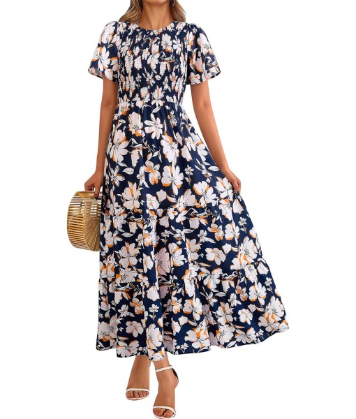 PRETTYGARDEN Women's 2025 Summer Casual Flutter Short Sleeve Boho Floral Maxi Dress Crew Neck Smocked Tiered Long Dresses