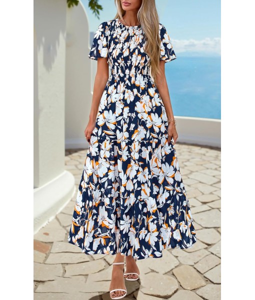 PRETTYGARDEN Women's 2025 Summer Casual Flutter Short Sleeve Boho Floral Maxi Dress Crew Neck Smocked Tiered Long Dresses