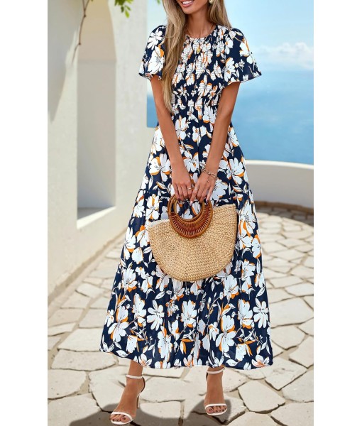 PRETTYGARDEN Women's 2025 Summer Casual Flutter Short Sleeve Boho Floral Maxi Dress Crew Neck Smocked Tiered Long Dresses