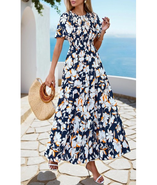 PRETTYGARDEN Women's 2025 Summer Casual Flutter Short Sleeve Boho Floral Maxi Dress Crew Neck Smocked Tiered Long Dresses