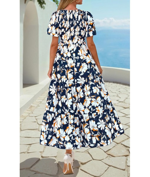 PRETTYGARDEN Women's 2025 Summer Casual Flutter Short Sleeve Boho Floral Maxi Dress Crew Neck Smocked Tiered Long Dresses