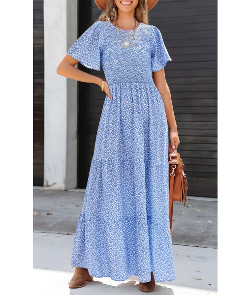 PRETTYGARDEN Women's 2025 Summer Casual Flutter Short Sleeve Boho Floral Maxi Dress Crew Neck Smocked Tiered Long Dresses