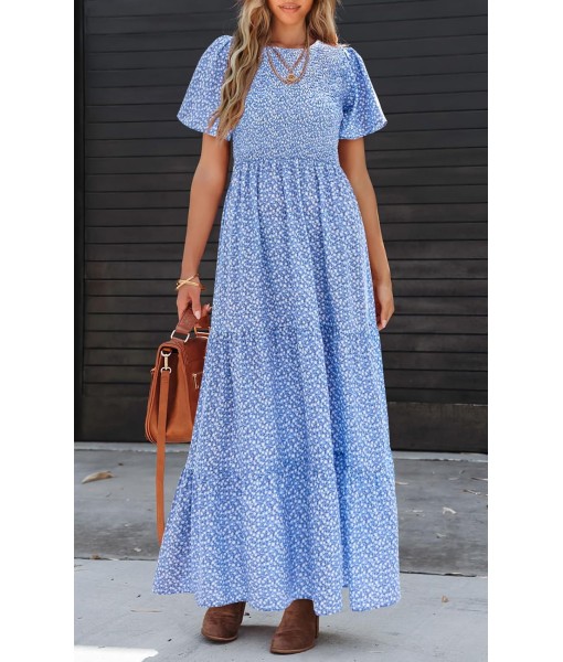 PRETTYGARDEN Women's 2025 Summer Casual Flutter Short Sleeve Boho Floral Maxi Dress Crew Neck Smocked Tiered Long Dresses