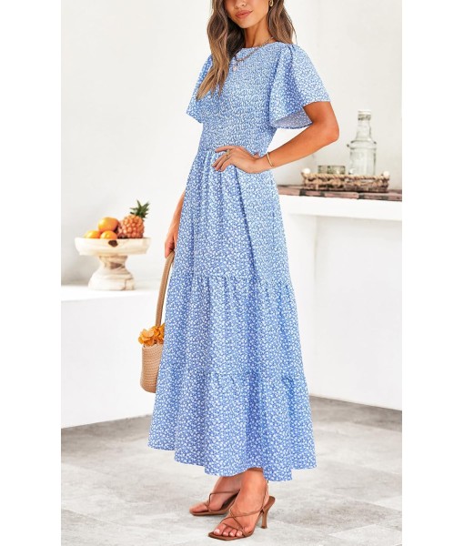 PRETTYGARDEN Women's 2025 Summer Casual Flutter Short Sleeve Boho Floral Maxi Dress Crew Neck Smocked Tiered Long Dresses