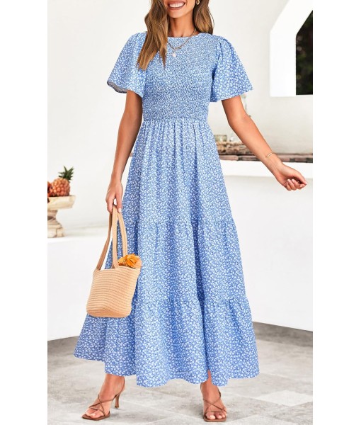 PRETTYGARDEN Women's 2025 Summer Casual Flutter Short Sleeve Boho Floral Maxi Dress Crew Neck Smocked Tiered Long Dresses