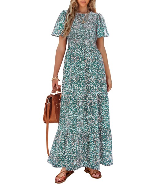 PRETTYGARDEN Women's 2025 Summer Casual Flutter Short Sleeve Boho Floral Maxi Dress Crew Neck Smocked Tiered Long Dresses