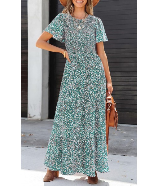 PRETTYGARDEN Women's 2025 Summer Casual Flutter Short Sleeve Boho Floral Maxi Dress Crew Neck Smocked Tiered Long Dresses