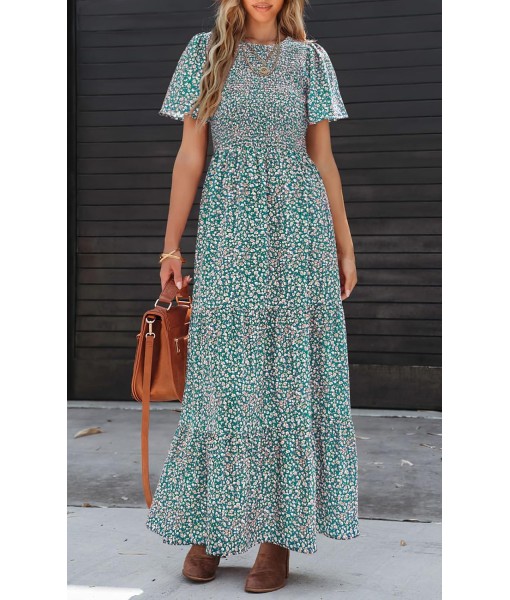 PRETTYGARDEN Women's 2025 Summer Casual Flutter Short Sleeve Boho Floral Maxi Dress Crew Neck Smocked Tiered Long Dresses