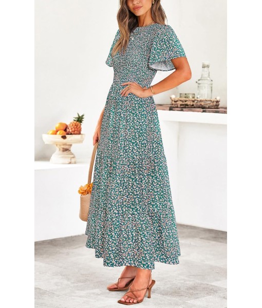 PRETTYGARDEN Women's 2025 Summer Casual Flutter Short Sleeve Boho Floral Maxi Dress Crew Neck Smocked Tiered Long Dresses