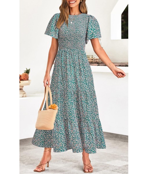 PRETTYGARDEN Women's 2025 Summer Casual Flutter Short Sleeve Boho Floral Maxi Dress Crew Neck Smocked Tiered Long Dresses
