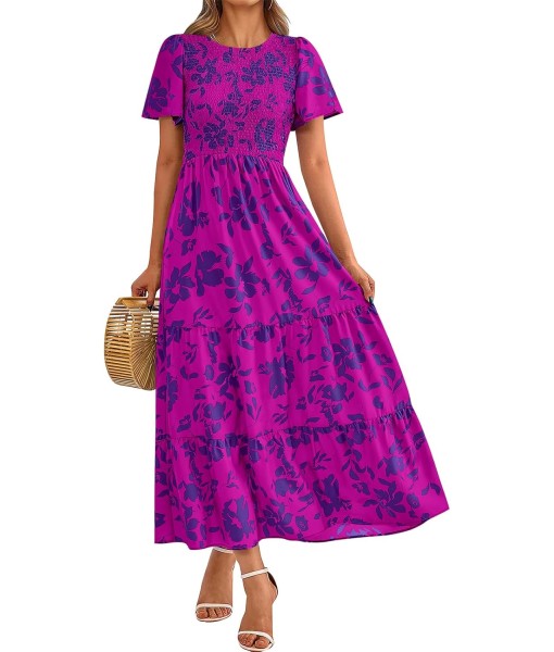 PRETTYGARDEN Women's 2025 Summer Casual Flutter Short Sleeve Boho Floral Maxi Dress Crew Neck Smocked Tiered Long Dresses
