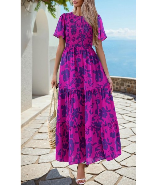 PRETTYGARDEN Women's 2025 Summer Casual Flutter Short Sleeve Boho Floral Maxi Dress Crew Neck Smocked Tiered Long Dresses