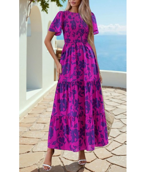 PRETTYGARDEN Women's 2025 Summer Casual Flutter Short Sleeve Boho Floral Maxi Dress Crew Neck Smocked Tiered Long Dresses