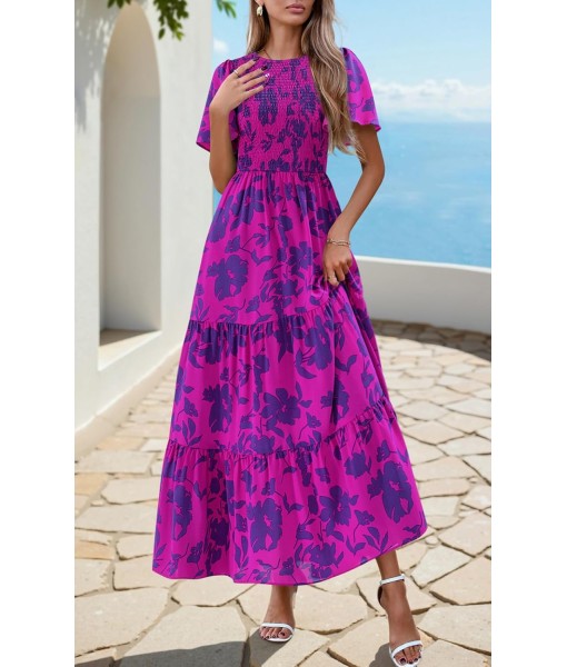 PRETTYGARDEN Women's 2025 Summer Casual Flutter Short Sleeve Boho Floral Maxi Dress Crew Neck Smocked Tiered Long Dresses