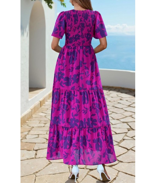 PRETTYGARDEN Women's 2025 Summer Casual Flutter Short Sleeve Boho Floral Maxi Dress Crew Neck Smocked Tiered Long Dresses