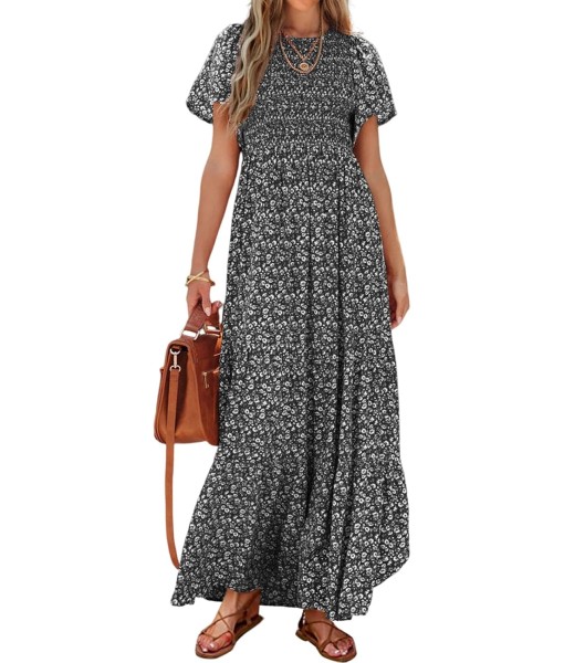 PRETTYGARDEN Women's 2025 Summer Casual Flutter Short Sleeve Boho Floral Maxi Dress Crew Neck Smocked Tiered Long Dresses