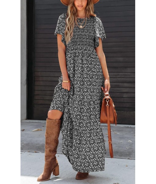 PRETTYGARDEN Women's 2025 Summer Casual Flutter Short Sleeve Boho Floral Maxi Dress Crew Neck Smocked Tiered Long Dresses