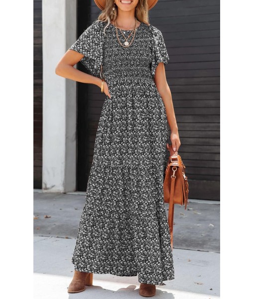 PRETTYGARDEN Women's 2025 Summer Casual Flutter Short Sleeve Boho Floral Maxi Dress Crew Neck Smocked Tiered Long Dresses
