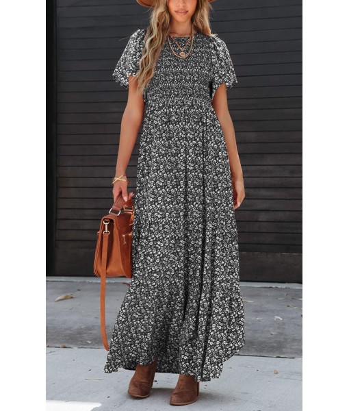 PRETTYGARDEN Women's 2025 Summer Casual Flutter Short Sleeve Boho Floral Maxi Dress Crew Neck Smocked Tiered Long Dresses