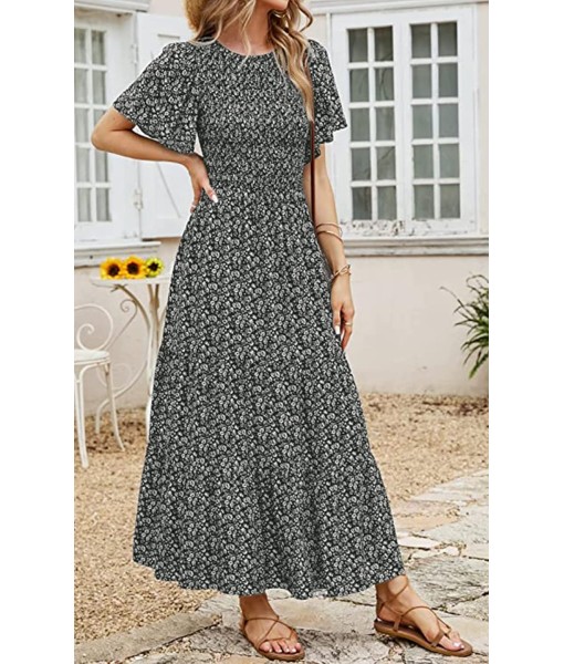 PRETTYGARDEN Women's 2025 Summer Casual Flutter Short Sleeve Boho Floral Maxi Dress Crew Neck Smocked Tiered Long Dresses