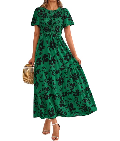 PRETTYGARDEN Women's 2025 Summer Casual Flutter Short Sleeve Boho Floral Maxi Dress Crew Neck Smocked Tiered Long Dresses