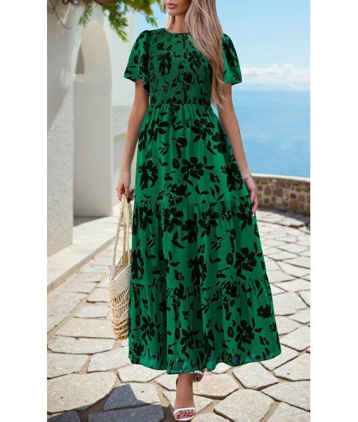 PRETTYGARDEN Women's 2025 Summer Casual Flutter Short Sleeve Boho Floral Maxi Dress Crew Neck Smocked Tiered Long Dresses