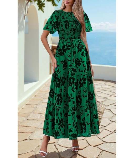 PRETTYGARDEN Women's 2025 Summer Casual Flutter Short Sleeve Boho Floral Maxi Dress Crew Neck Smocked Tiered Long Dresses