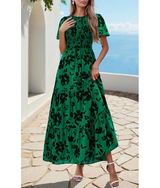 PRETTYGARDEN Women's 2025 Summer Casual Flutter Short Sleeve Boho Floral Maxi Dress Crew Neck Smocked Tiered Long Dresses