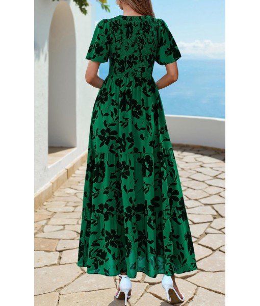 PRETTYGARDEN Women's 2025 Summer Casual Flutter Short Sleeve Boho Floral Maxi Dress Crew Neck Smocked Tiered Long Dresses