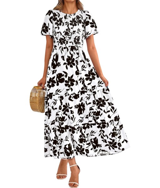 PRETTYGARDEN Women's 2025 Summer Casual Flutter Short Sleeve Boho Floral Maxi Dress Crew Neck Smocked Tiered Long Dresses