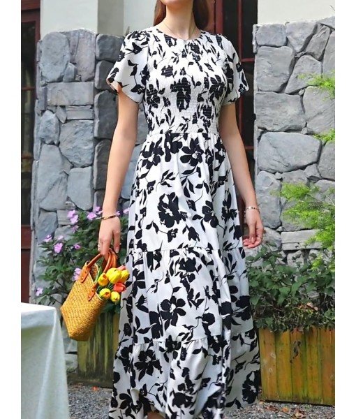 PRETTYGARDEN Women's 2025 Summer Casual Flutter Short Sleeve Boho Floral Maxi Dress Crew Neck Smocked Tiered Long Dresses