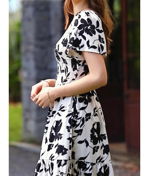 PRETTYGARDEN Women's 2025 Summer Casual Flutter Short Sleeve Boho Floral Maxi Dress Crew Neck Smocked Tiered Long Dresses