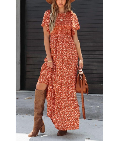 PRETTYGARDEN Women's 2025 Summer Casual Flutter Short Sleeve Boho Floral Maxi Dress Crew Neck Smocked Tiered Long Dresses