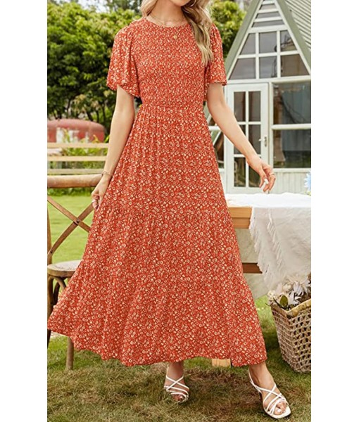 PRETTYGARDEN Women's 2025 Summer Casual Flutter Short Sleeve Boho Floral Maxi Dress Crew Neck Smocked Tiered Long Dresses