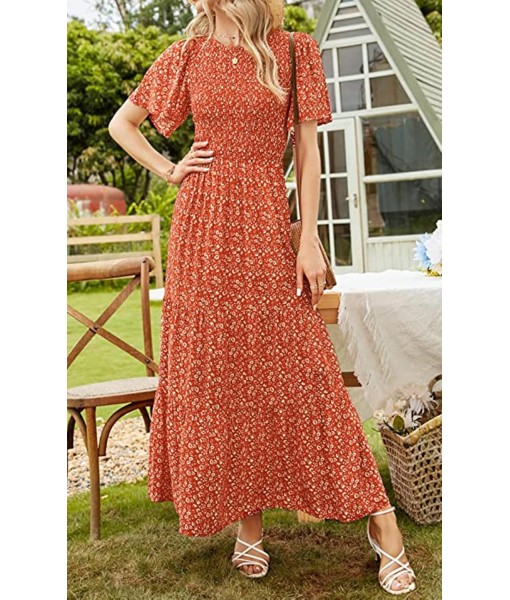 PRETTYGARDEN Women's 2025 Summer Casual Flutter Short Sleeve Boho Floral Maxi Dress Crew Neck Smocked Tiered Long Dresses