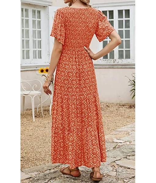 PRETTYGARDEN Women's 2025 Summer Casual Flutter Short Sleeve Boho Floral Maxi Dress Crew Neck Smocked Tiered Long Dresses
